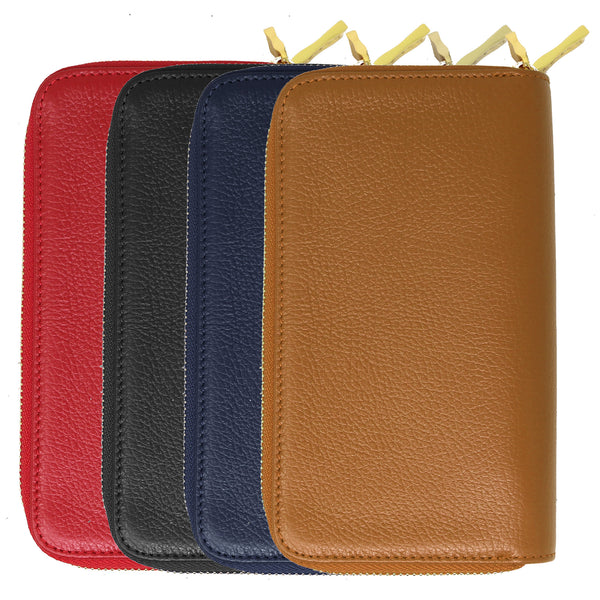 Floto Milano Zip Wallet in pebble finish calfskin leather - in 4 colors - brown, blue, black, and Red.